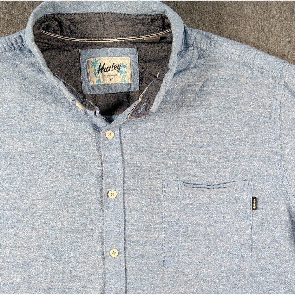 XXL Chambray Denim Short Sleeve Button Down Shirt HURLEY Blue Seersucker Slub